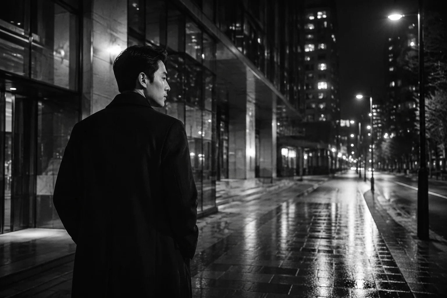 코트를 입은 남성이 조용한 도시의 밤거리를 걷는 흑백 브랜드 화보